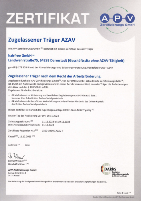 AZAV Zertifikat Trägerzulassung Seite 1